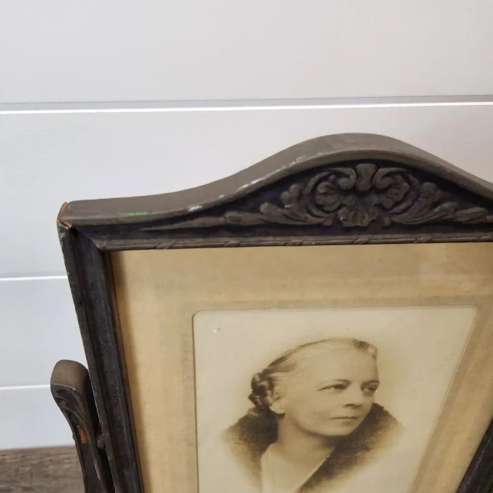 Antique Art Deco Wood Tabletop Swivel Swing Tilt Picture Frame with Photo Signed